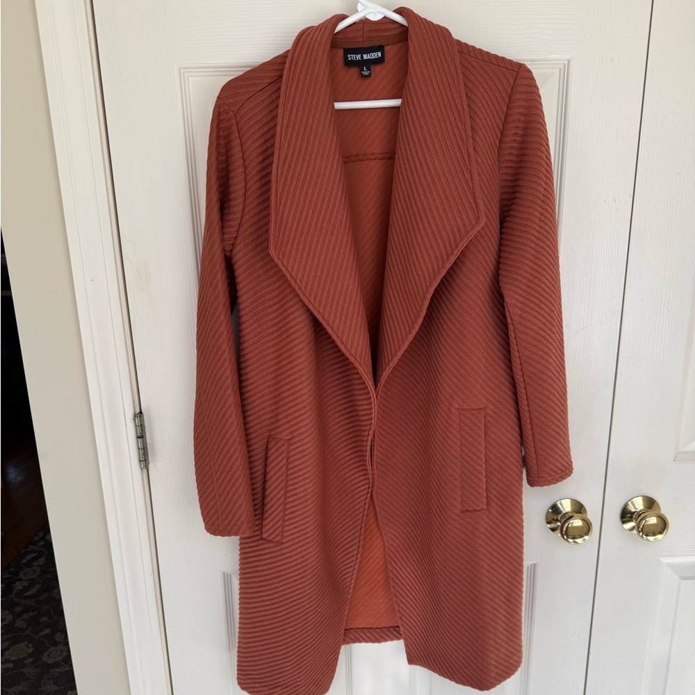 Steve Madden Ribbed Open-Front Coatigan in Rust Orange